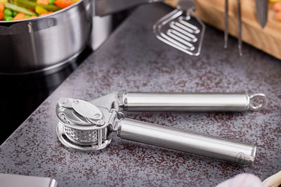 RÖSLE Knoblauchpresse mit Abstreifer, Presse in Profi-Qualität für Ingwer und Knoblauch, mit klappba