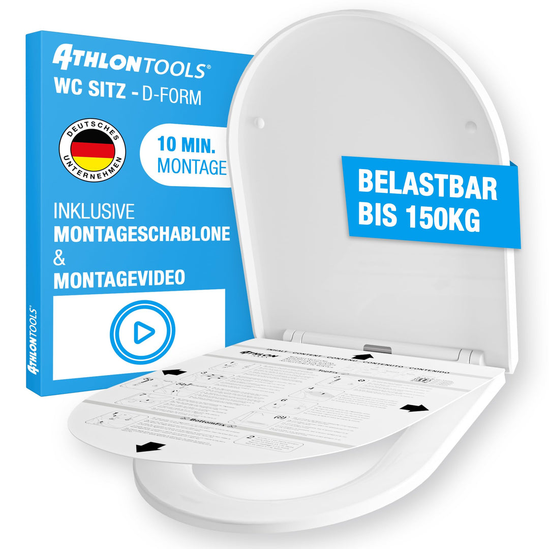 ATHLON TOOLS Toilettendeckel mit Absenkautomatik D-Form – Duroplast WC Sitz, Soft-Close & Quick-Rele