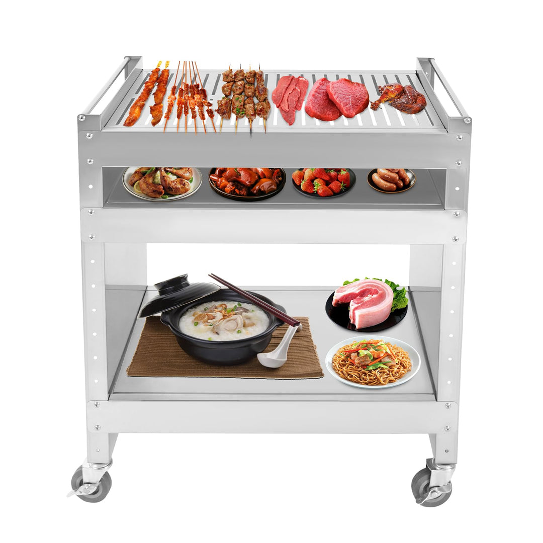 Edelstahl Grillwagen, Grilltisch mit 4 Universal Rollen, 3 Ebenen Grill Beistelltisch, Multifunktion