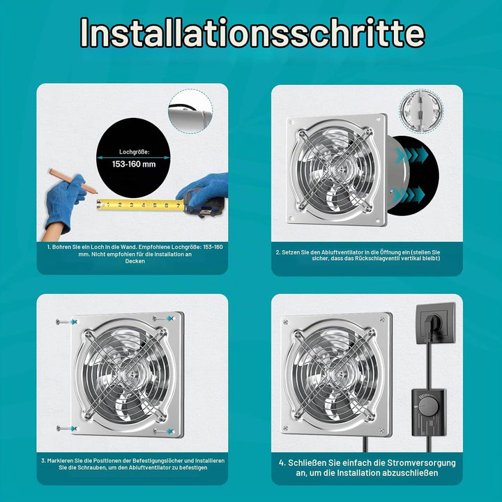 HG Power Abluftventilator 150mm, Metall Wandventilator mit Rücklaufklappe Leistungsstarke 525m³/h mi