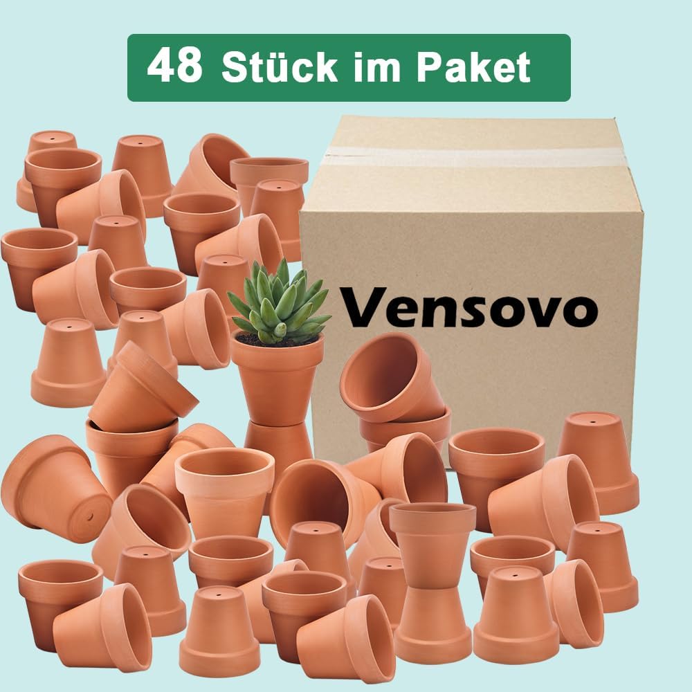 vensovo 48 Stück winzige Terrakotta-Töpfe – 5,1 cm kleine Mini-Ton-Töpfe mit Entwässerungslöchern, B
