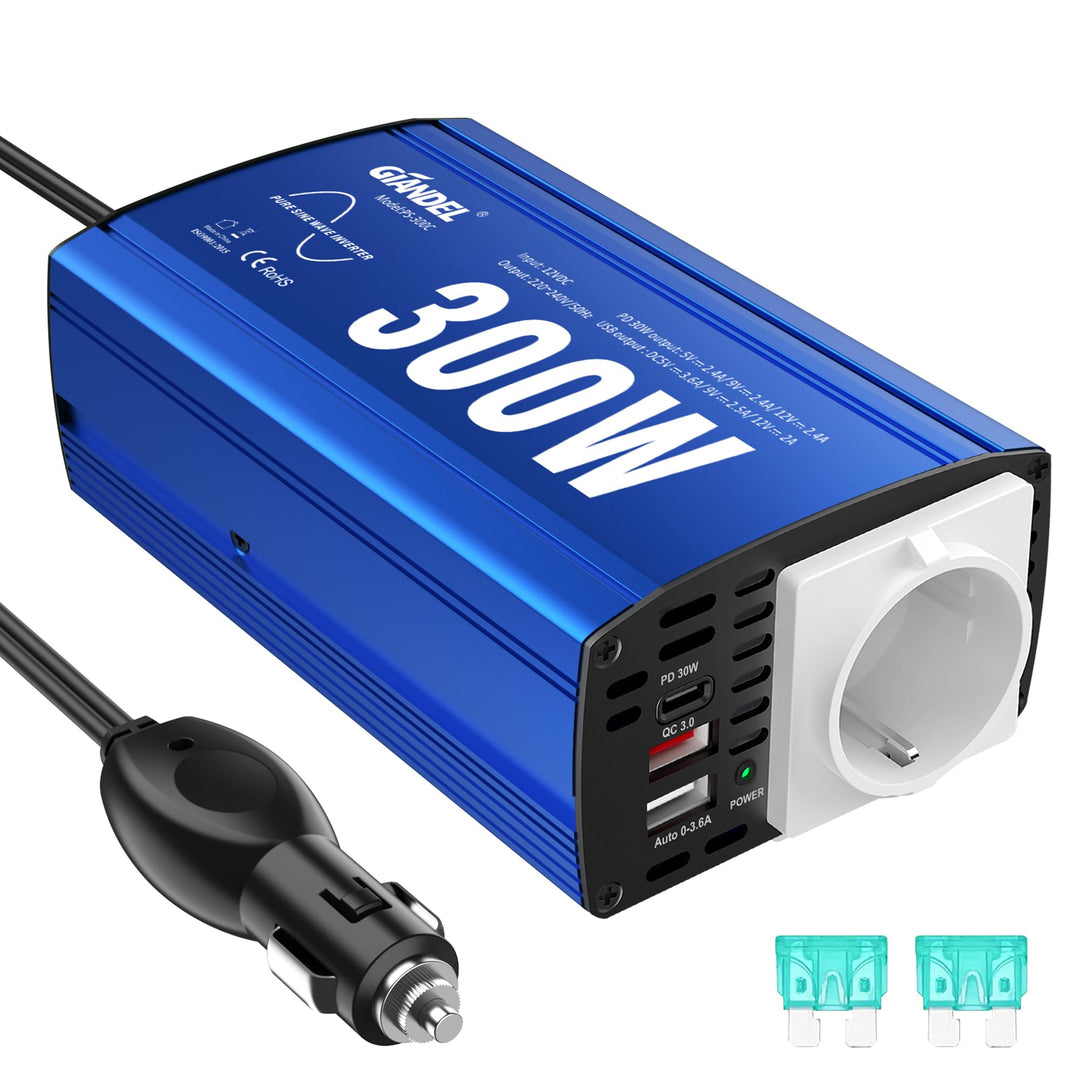 GIANDEL Reiner Sinus Wechselrichter 300W Spannungswandler 12V DC 230V AC Kfz-Adapter mit 4.8A Dual U