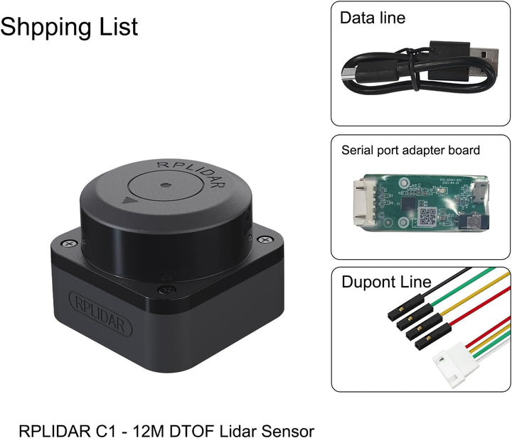 WayPonDEV RPLIDAR C1M1 360 Grad 2D Lidar Sensor, 12 Meter Scanning Radius Ranging Module Kit, SLAM R