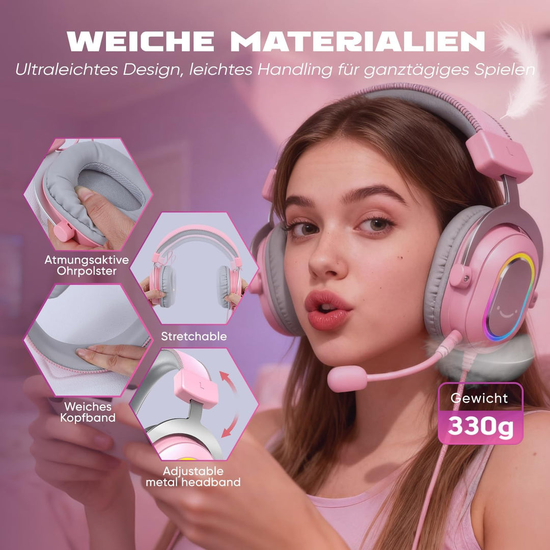 FIFINE Gaming Headset mit Mikrofon, Over Ear Kopfhörer mit Kabel, USB Headset für PC PS4 PS5, RGB He