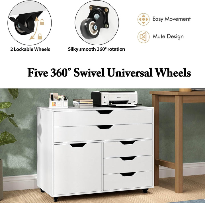 KOMFOTTEU Aktenschrank mit Rollen, Bürocontainer mit 5 Schubladen & 1 Schrank, Rollcontainer Schubla