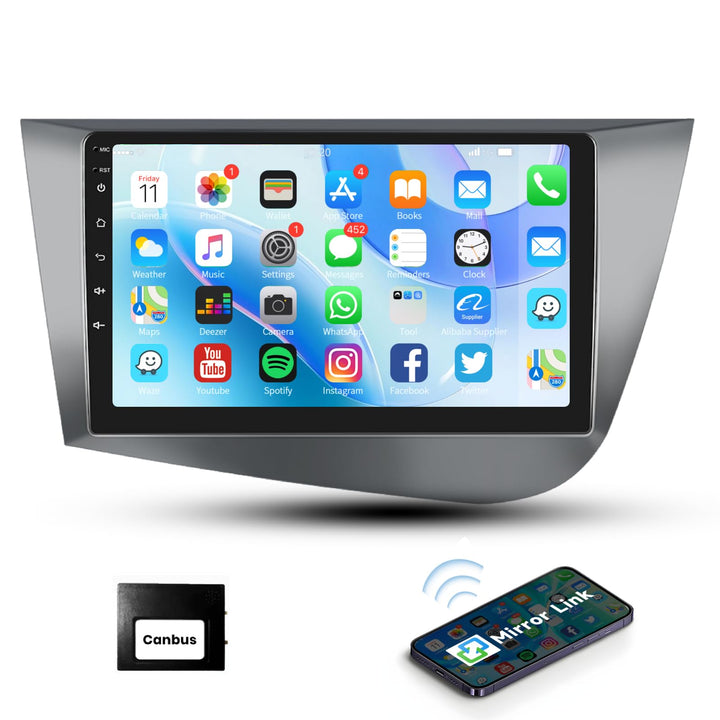 Podofo Android Autoradio GPS für Seat Leon 2 MK2 2005-2012(Linkslenker), 9" Touchscreen Navi WiFi Bl