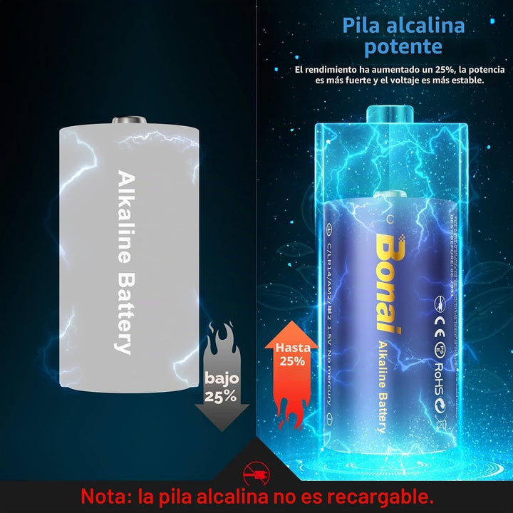BONAI Longlife C Baby Batterien Alkaline 1,5V (14er-Pack) 7000mAh Hohe Kapazität Babyzellen Typ C-Al