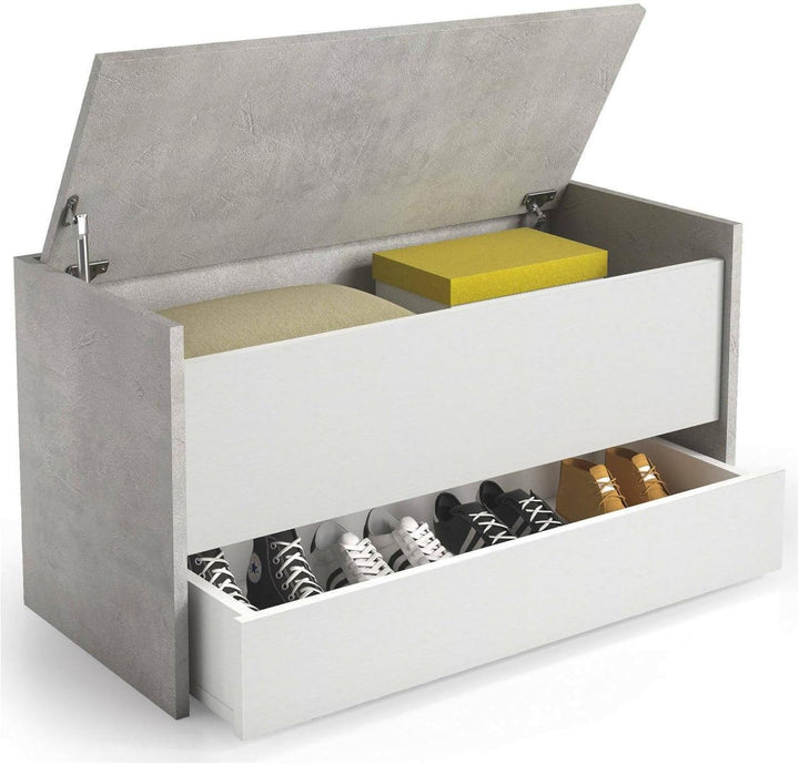 Dmora - Truhenbank Lantana, Moderne Eingangsmöbel mit Schuhregal, Koffertruhe mit zwei Behältern, 10