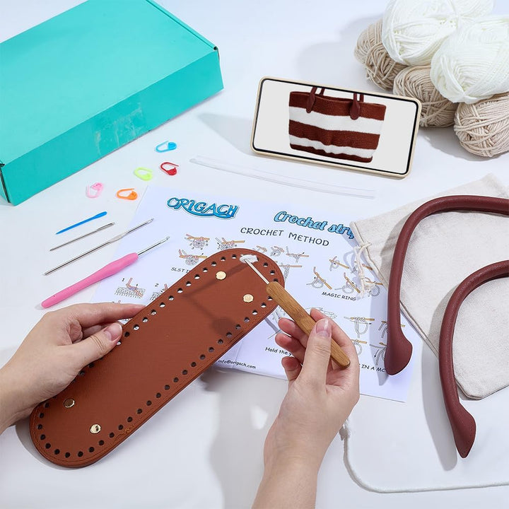ORIGACH Handtasche Häkelset mit PU-Lederband und -Basis Für Anfänger, DIY Schokoladenbraune gestreif