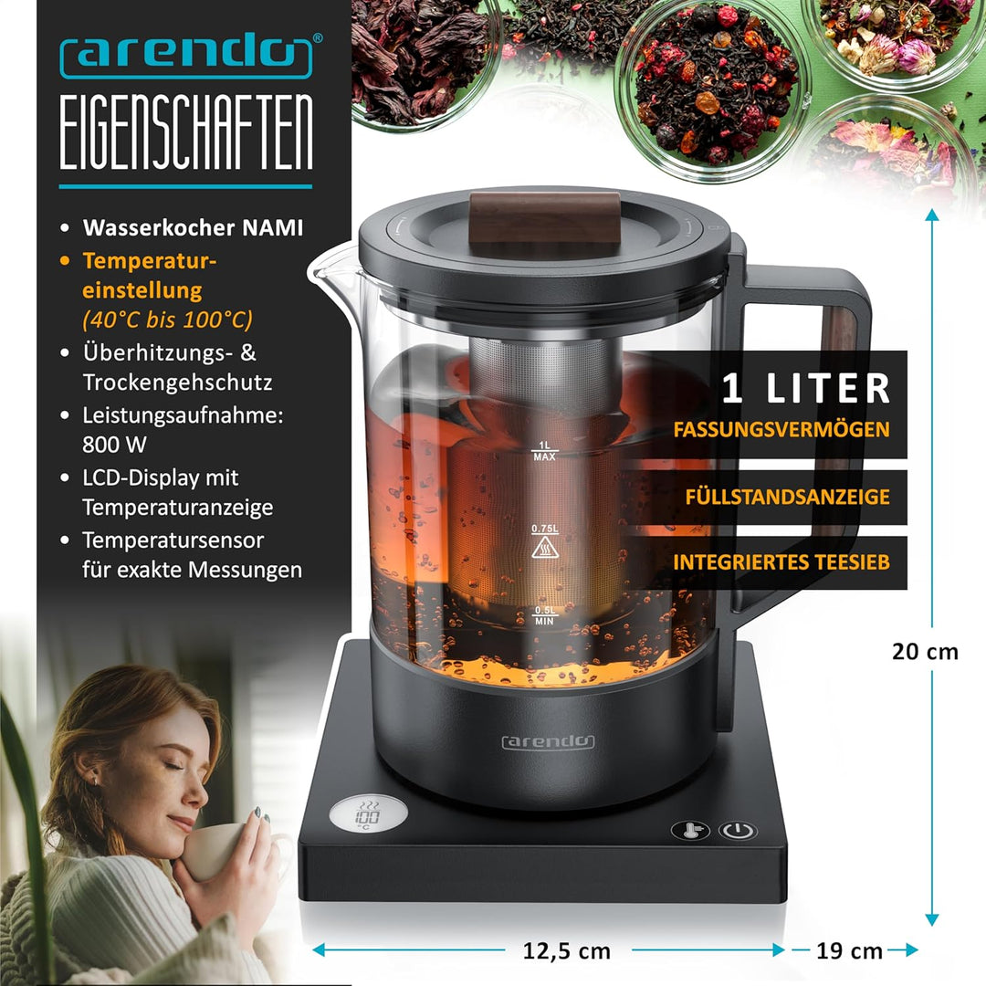 Arendo - Glas Wasserkocher mit Temperatureinstellung - Edelstahl Teekocher 1 Liter – Integriertes Te