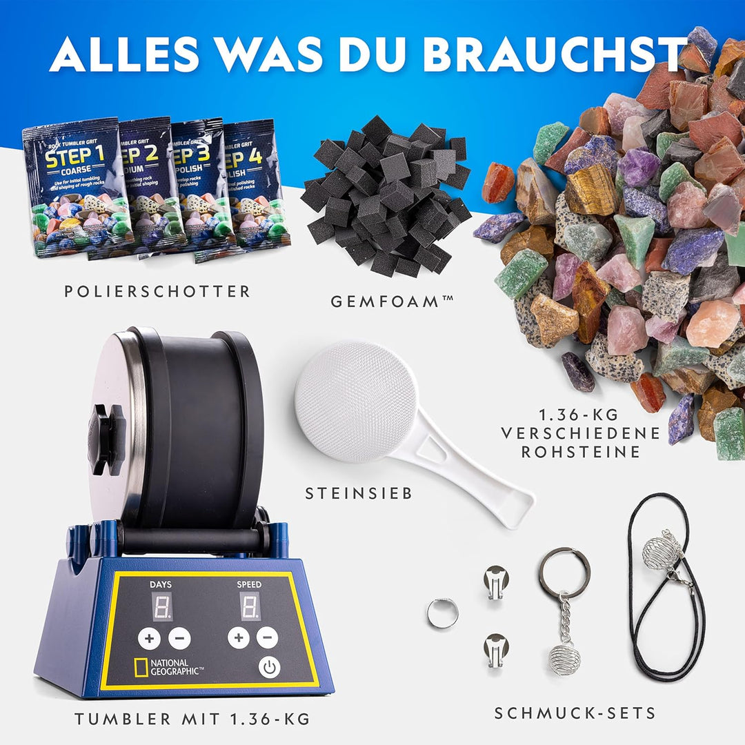 National Geographic Steintrommel-Set - Extra grosse 1,36 kg Kapazität, 1,36 kg ungeschliffene Edelst