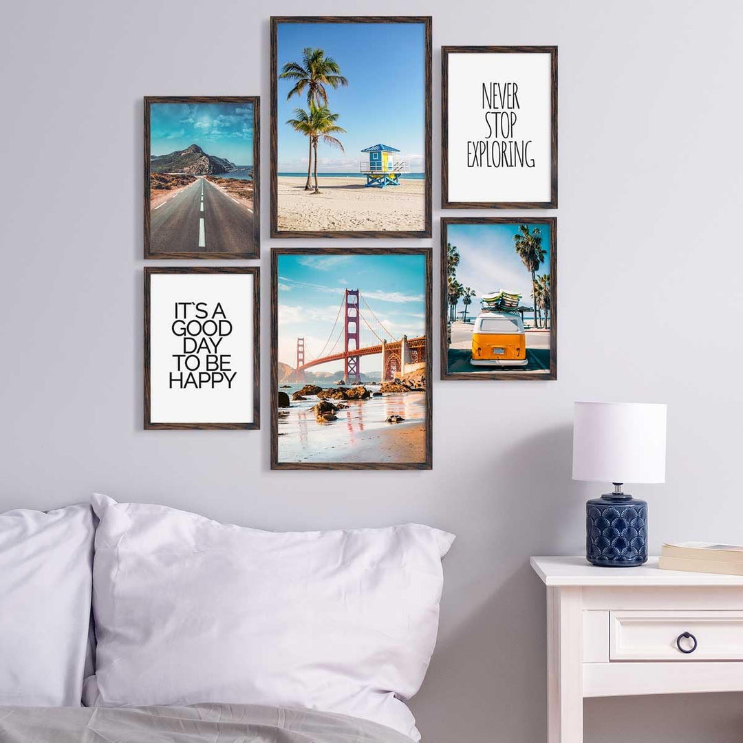 PHOTOLINI dunkel Eiche Bilderrahmen Set verschiedene Grössen, 6 Bilderrahmen braun Holz MDF, Bilder