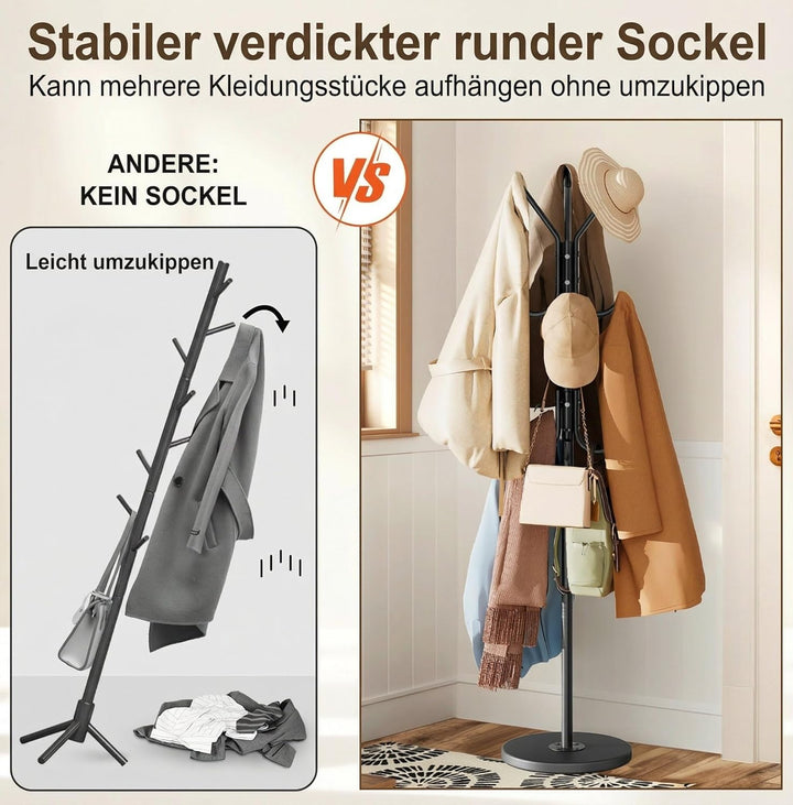 MISSLO Stabil Garderobenständer mit Stabilem Holzsockel, Stehende Jackenständer mit 12 Haken, Verste