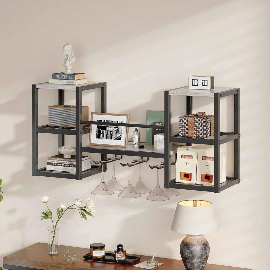 VEDECASA Weinregal Wand, 3 Ebenen Wand-Weinregale mit 6 Glashaltern, Wandmontage Wine Display-Stände