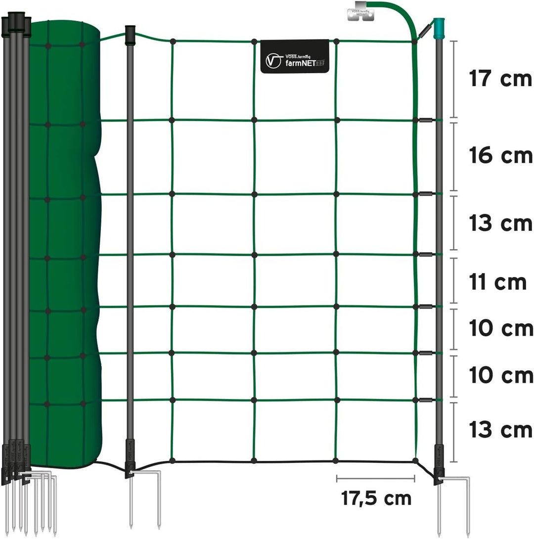 VOSS.farming Premium Schafnetz farmNET+ 50m 90cm Elektronetz 20 Pfähle 2 Spitzen grün, Hundezaun Wei