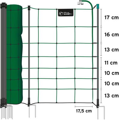 VOSS.farming Premium Schafnetz farmNET+ 50m 90cm Elektronetz 20 Pfähle 2 Spitzen grün, Hundezaun Wei