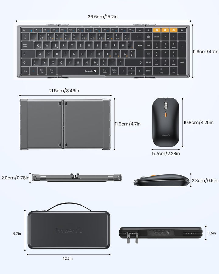 ProtoArc Faltbare Tastatur Kabellos und Maus, XKM01 Bluetooth Tastatur Klappbar Maus Set, 2.4G+Dual
