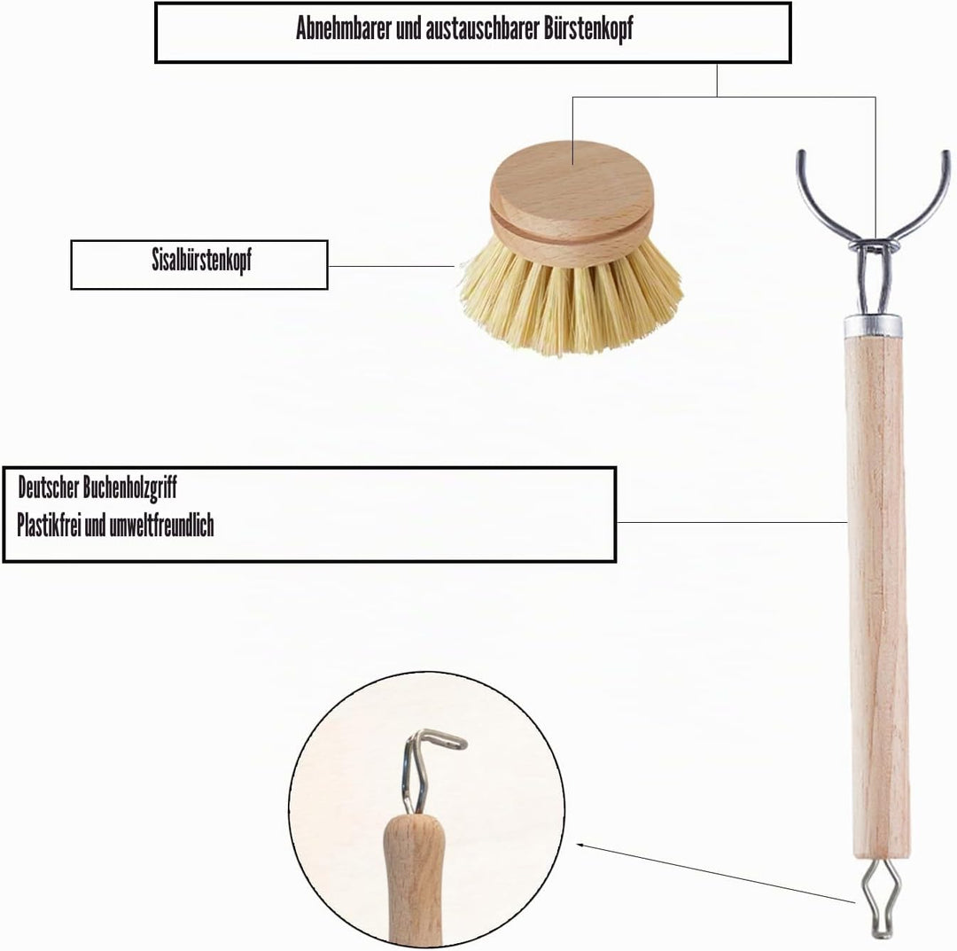 2er Set Spülbürste Holzspülbürste + 6 Ersatzköpfe, nachhaltige Spülbürsten Holz mit 6 x Ersatzkopf,