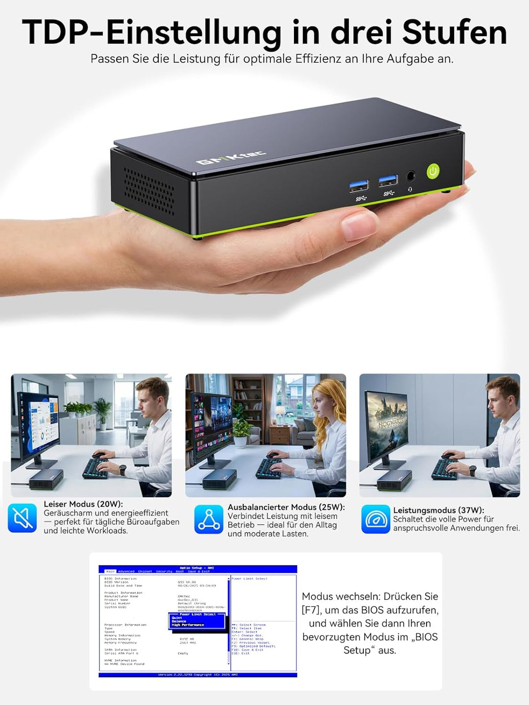 GMKtec Mini PC Intel Ultra 7 256V(8K/8T Bis zu 4.8GHz), K13 Micro PC mit 16GB DDR5 8533 1TB PCIe 4.0