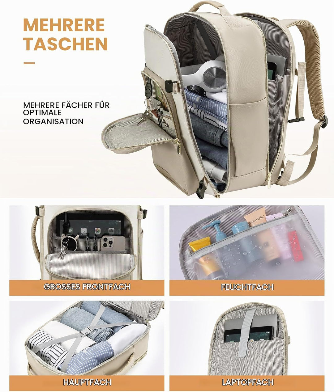 LOVEVOOK Handgepäck Rucksack Flugzeug, Reiserucksack Damen Gross 40L, Herren Wasserdicht Laptop 17 B