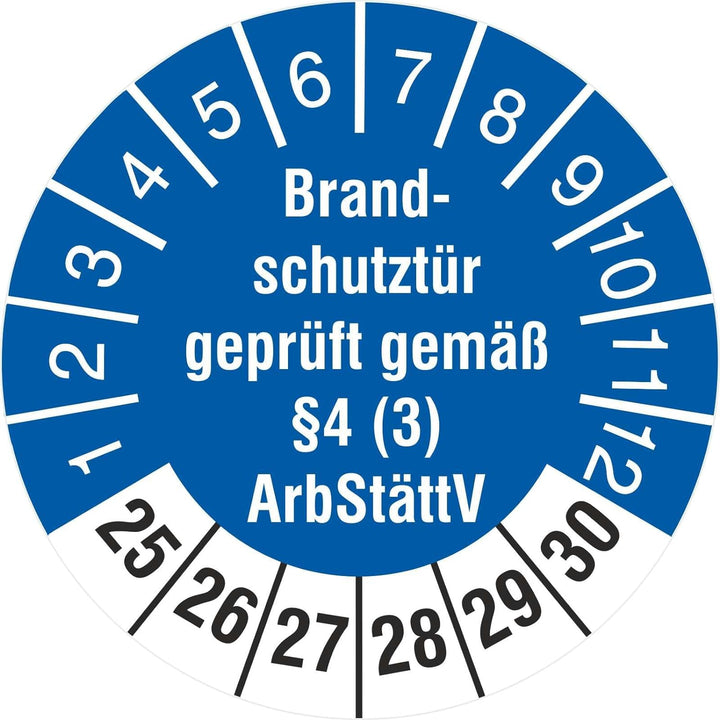 1000 Prüfetiketten Brandschutztür geprüft §4 (3) ArbStättV 30 mm 2025-2030 Prüfplaketten 1000 30mm D