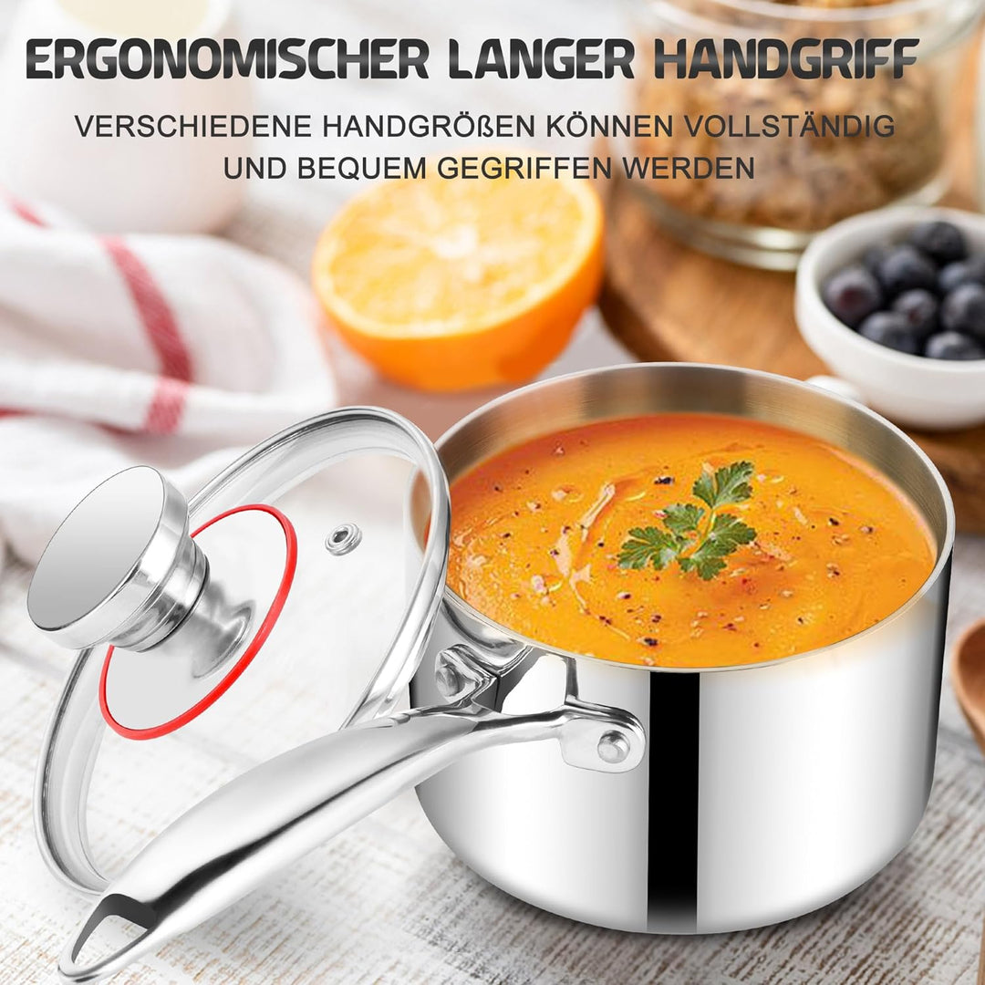 Joyfair Stielkasserolle, 16cm Premium 3-Lagen Edelstahl Milchtopf Induktion mit Deckel, 1,8 Liter Ko