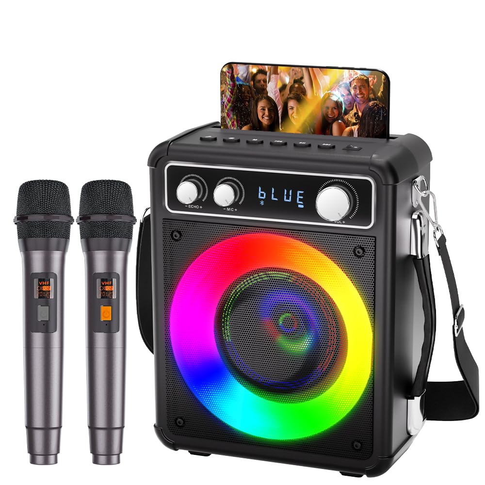 BONAOK Tragbare Karaoke-Maschine, Bluetooth-Karaoke-System mit 2 Mikrofonen, wiederaufladbare Party-