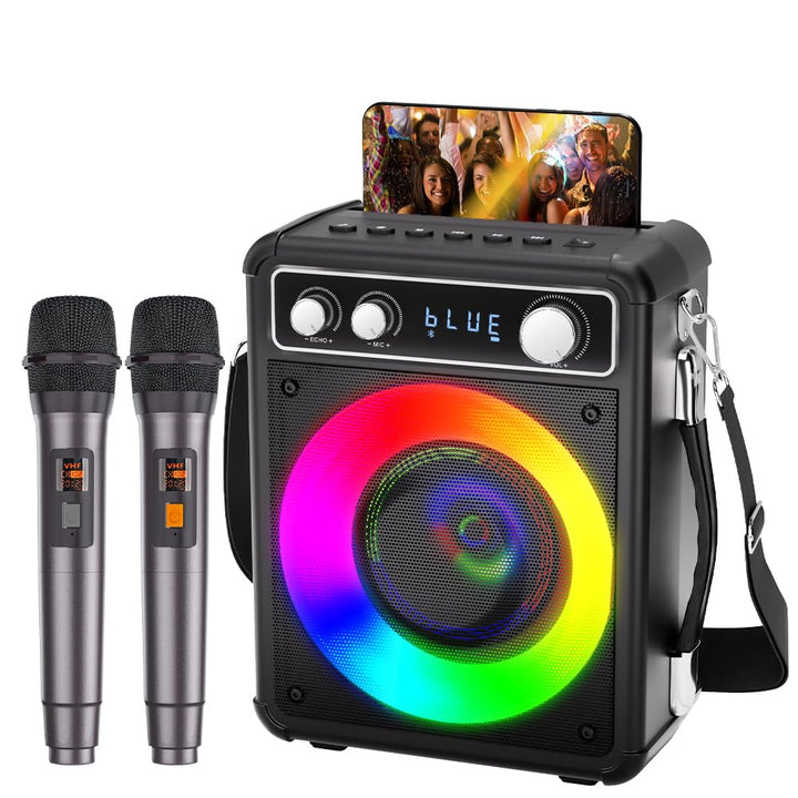 BONAOK Tragbare Karaoke-Maschine, Bluetooth-Karaoke-System mit 2 Mikrofonen, wiederaufladbare Party-
