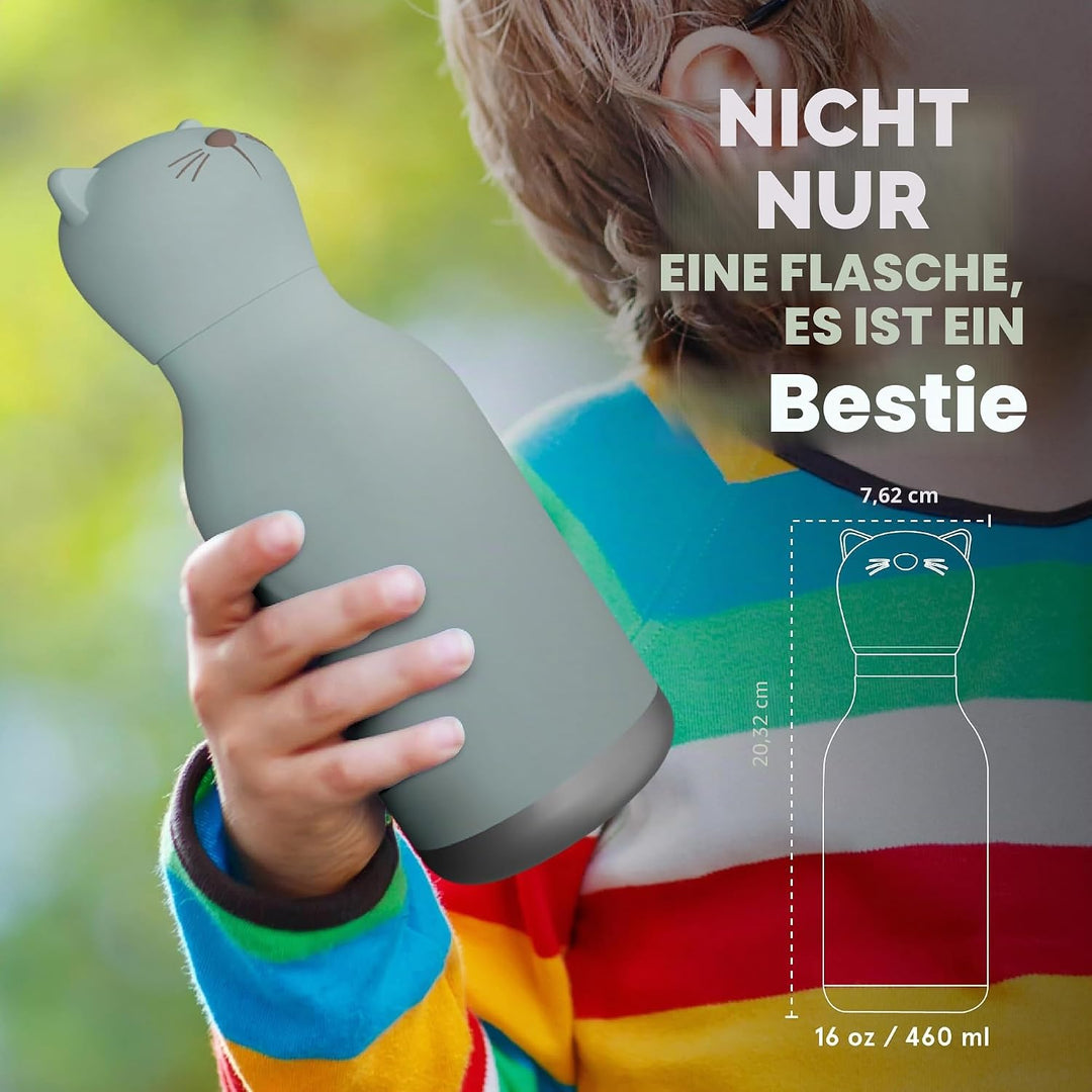 ASOBU Bestie Kindertrinkflasche mit Strohhalm – Isolierte Edelstahlflasche 420ml mit Katzenkopf – Au
