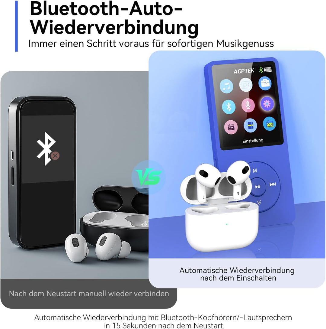 AGPTEK 64GB MP3 Player Bluetooth 5.3 mit Lautsprecher, 40 Stunden Akkulaufzeit Kleiner und klassisch