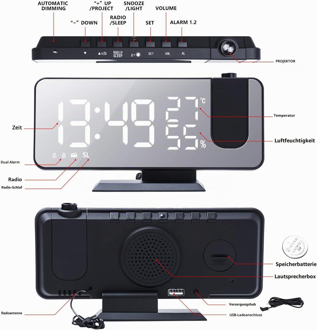 Projektionswecker Digitaler LED-Wecker mit Ladegerät, Radiowecker mit USB-Ladeanschluss, Doppelwecke