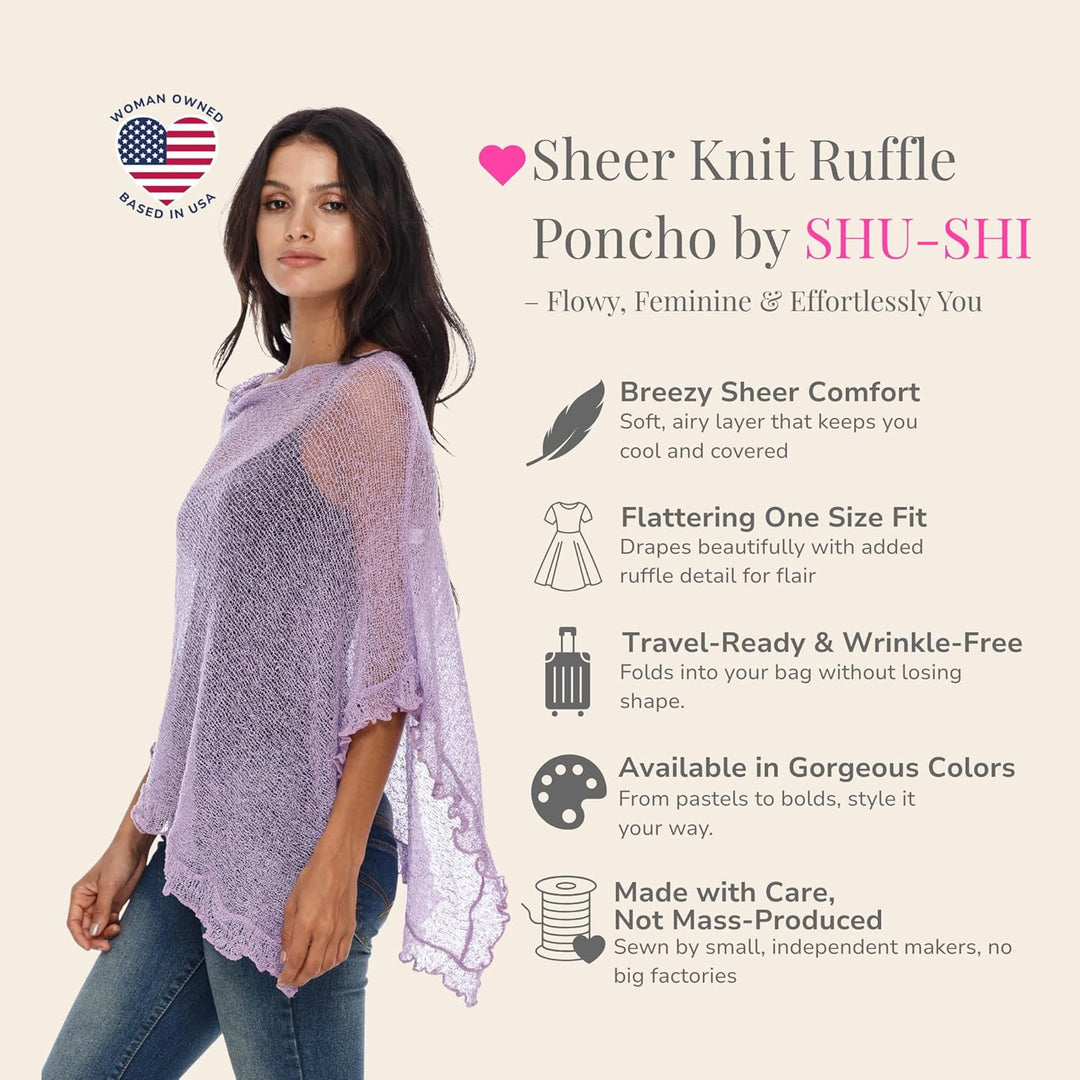 SHU-SHI - Damen Poncho-Top mit Rüschen - transparent - leichtes Strickmaterial Lavendelfarben, Laven