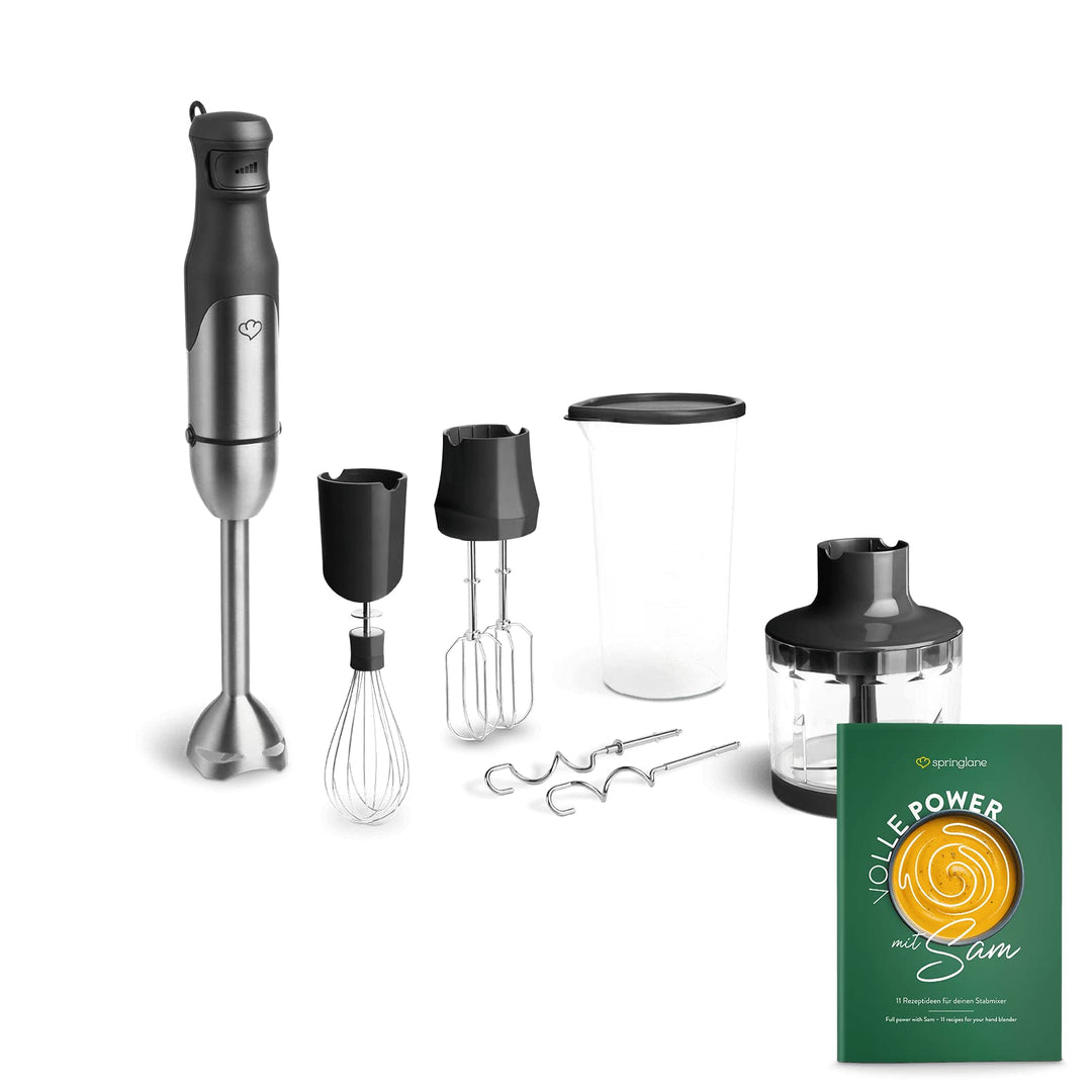 SPRINGLANE Edelstahl Stabmixer Set Sam 800 W, Pürierstab inkl. Pürierstab, Behälter mit Deckel, Zerk
