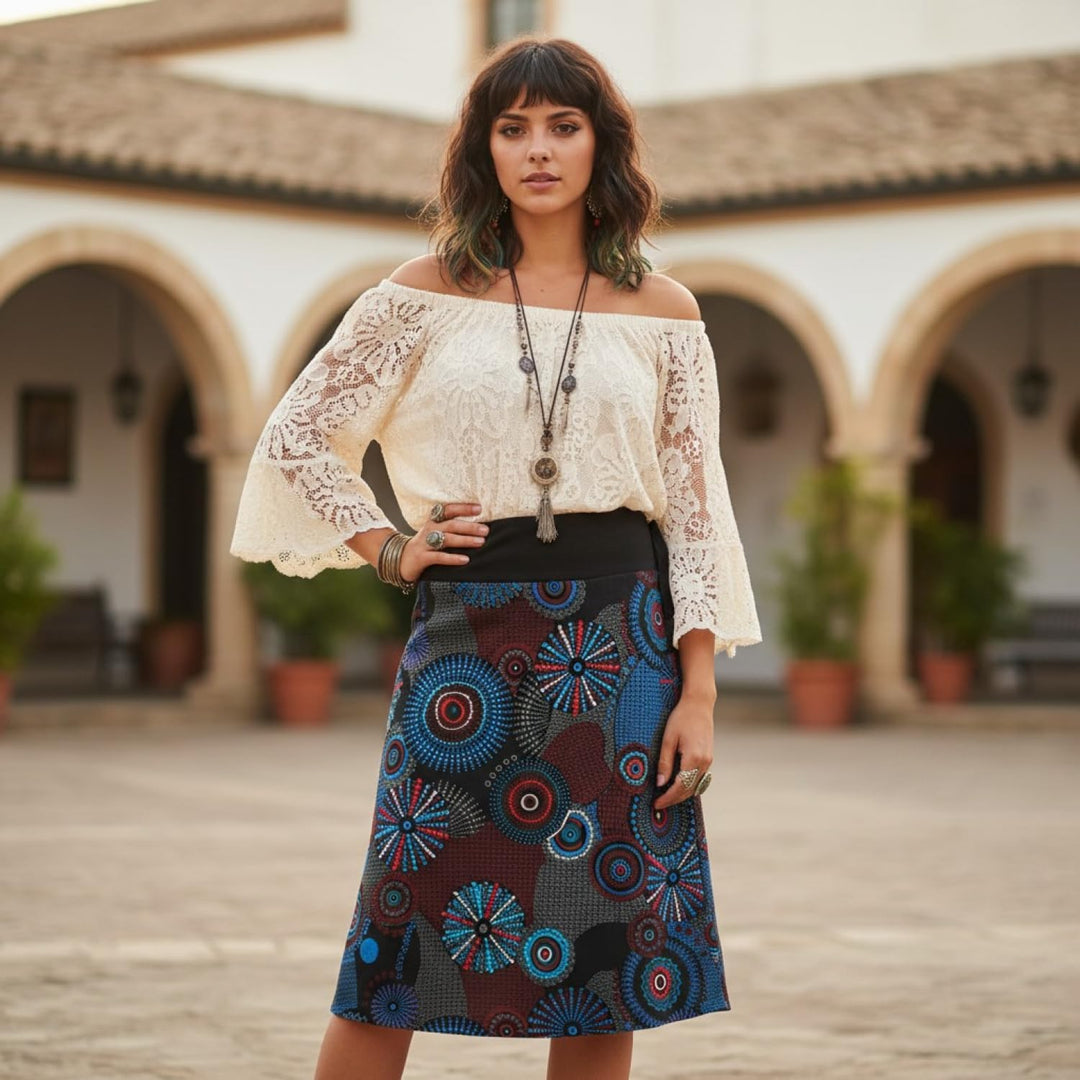 GURU SHOP Bestickter Knielanger Rock, Chic, Retro Mandala - Schwarz/blau, Damen, Baumwolle 38 Grau,