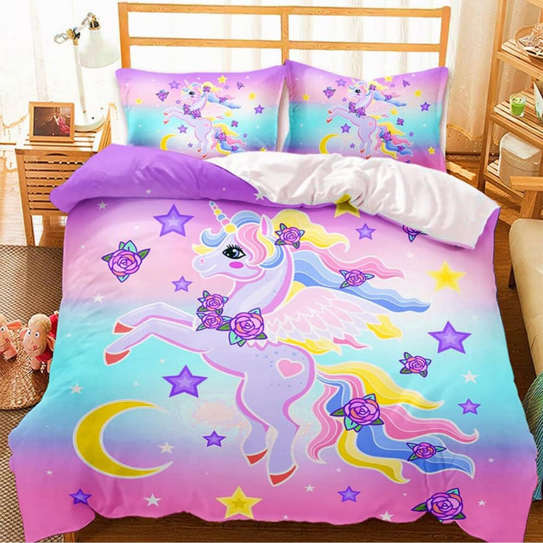 AOXHFNV Einhorn Mädchen Rosa Bettwäsche Set 135x200cm Süsser Einhorn-Stern-Mond-Muster Bettbezug Ein