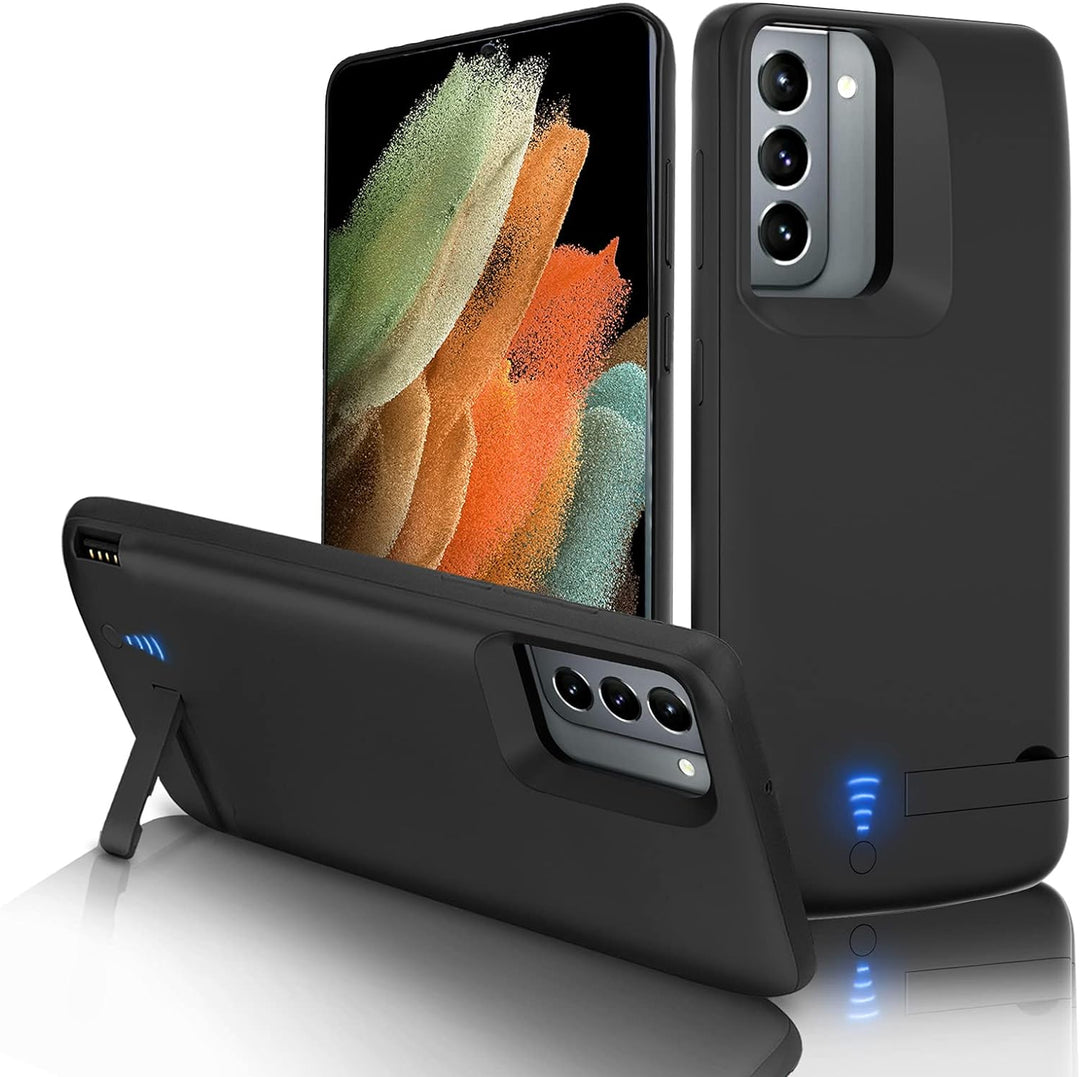 Gladgogo Akku Hülle für Samsung Galaxy S21, [4800 mAh] Battery Case Akkuhülle Mit klappbarem Ständer