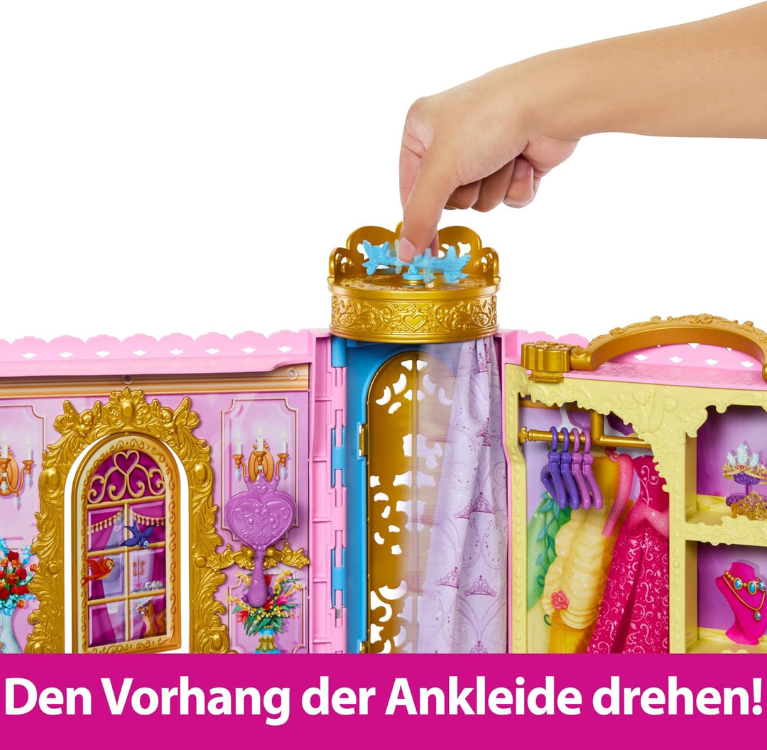 Mattel Disney Prinzessin-Schrankspielset mit 2 Kleidungsstücken, 25 Zubehörteilen, Frisiertisch, Ank