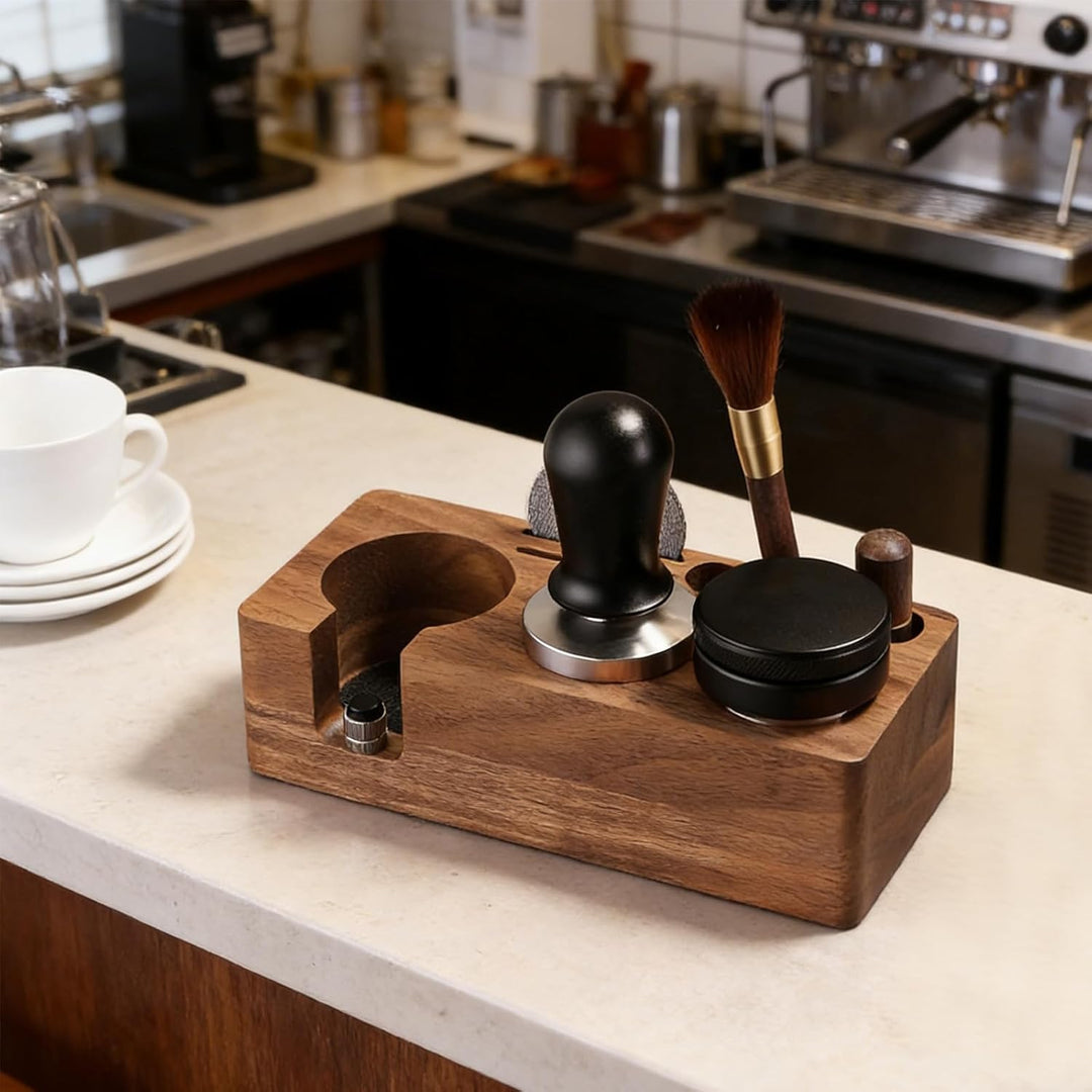Tamperstation, Tamper Station aus Walnussholz für Siebträger 51mm 54mm, Tamping Station für Barista