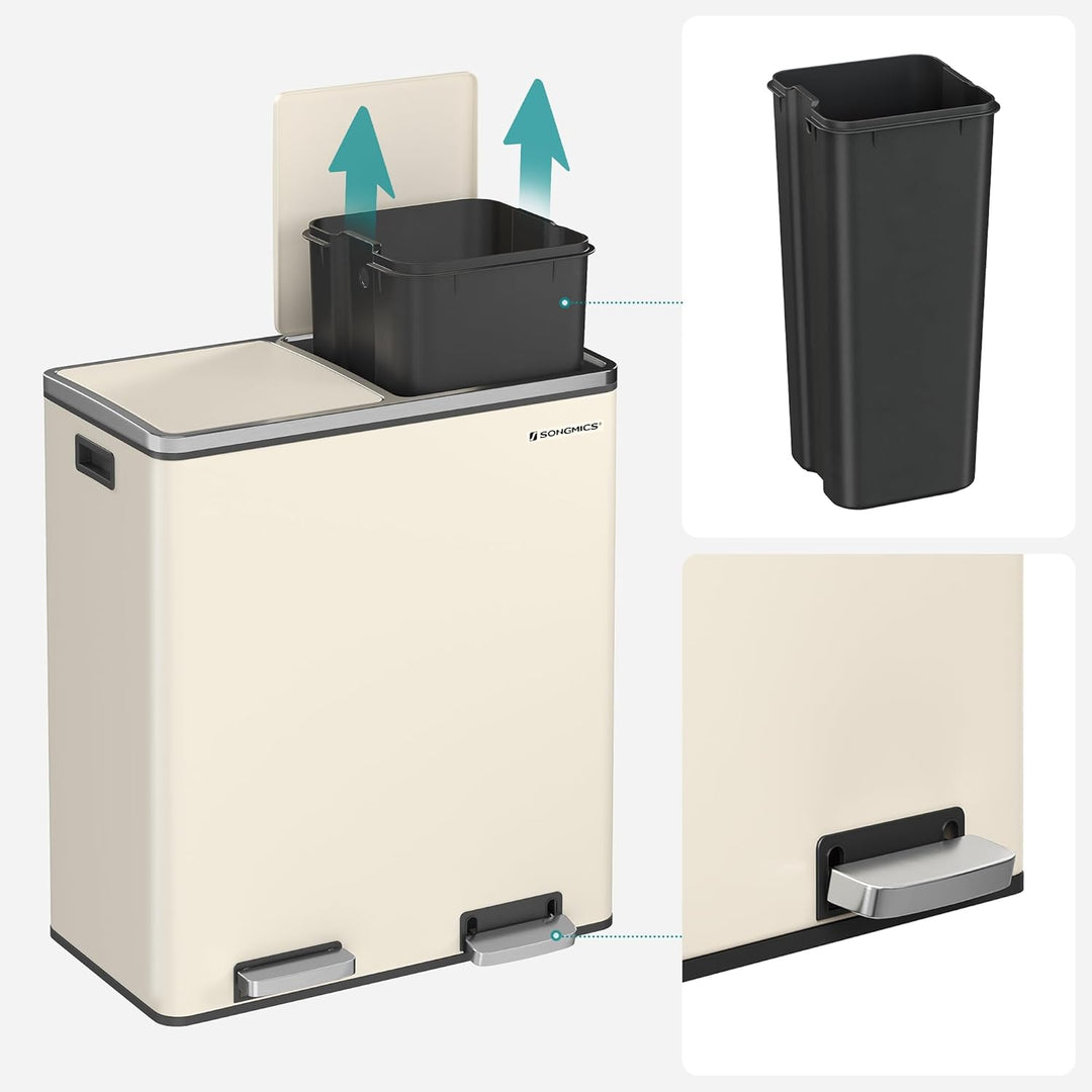 SONGMICS Mülleimer, 2 x 30 Liter, 2 Fächer, Mülltrennsystem, Treteimer, Abfalleimer Küche, 15 Müllsä