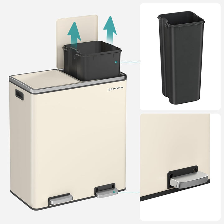 SONGMICS Mülleimer, 2 x 30 Liter, 2 Fächer, Mülltrennsystem, Treteimer, Abfalleimer Küche, 15 Müllsä
