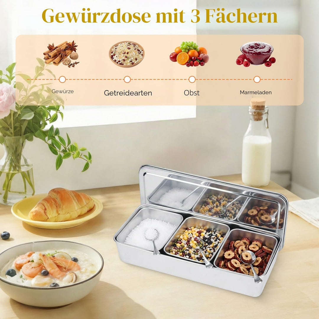 Hapivida Zutatenbehälter Pizza Edelstahl 344x157x65mm 3 Gitter Gewürzbox Beilagenbehälter Gewürz Beh