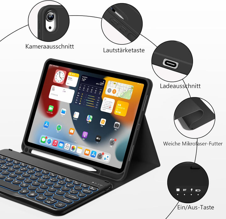 Hülle mit Tastatur für iPad 11 Generation A16/10 Generation (11/10.9 Zoll,2025/2022),7-farbige Beleu
