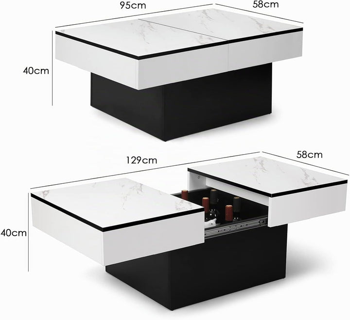 VOWNER Couchtisch, Moderner Couchtisch, Ausziehbarer Schreibtisch, Wohnzimmertisch mit 2 Stauräume,