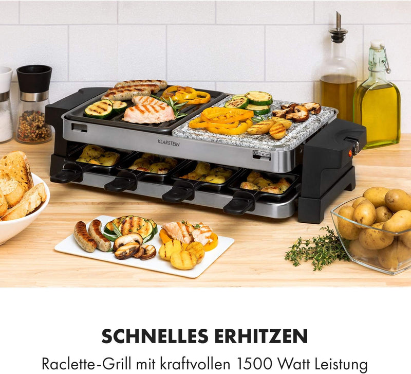 Klarstein Sirloin Raclette-Grill, 1500 Watt, 2-in-1: Aluminium-Grillplatte & Natursteinplatte, Edels