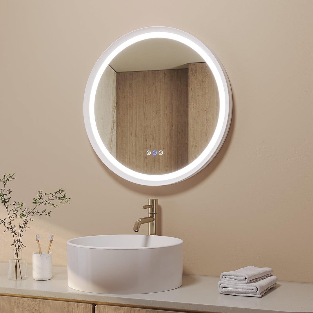 AQUABATOS Badspiegel mit Beleuchtung Rund 60 cm Aluminiumrahmen Schrägdesign weiss matt direkte und