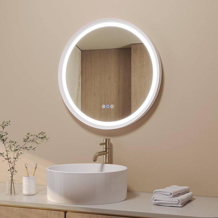 AQUABATOS Badspiegel mit Beleuchtung Rund 60 cm Aluminiumrahmen Schrägdesign weiss matt direkte und