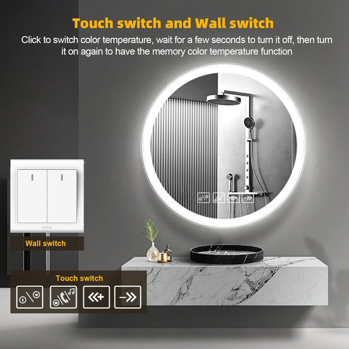 Badspiegel mit Beleuchtung mit Bluetooth Lautsprecher 60x60cm,Runden LED Badezimmerspiegel mit Entfo