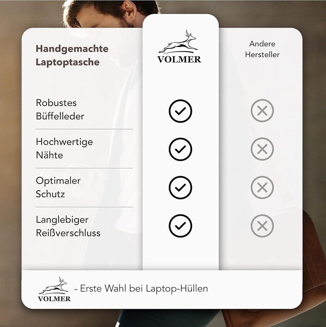 Fa.Volmer ® 13,3 Zoll Laptop Hülle aus edlem Büffelleder - braun - mit Metall-Reissverschluss - gepo
