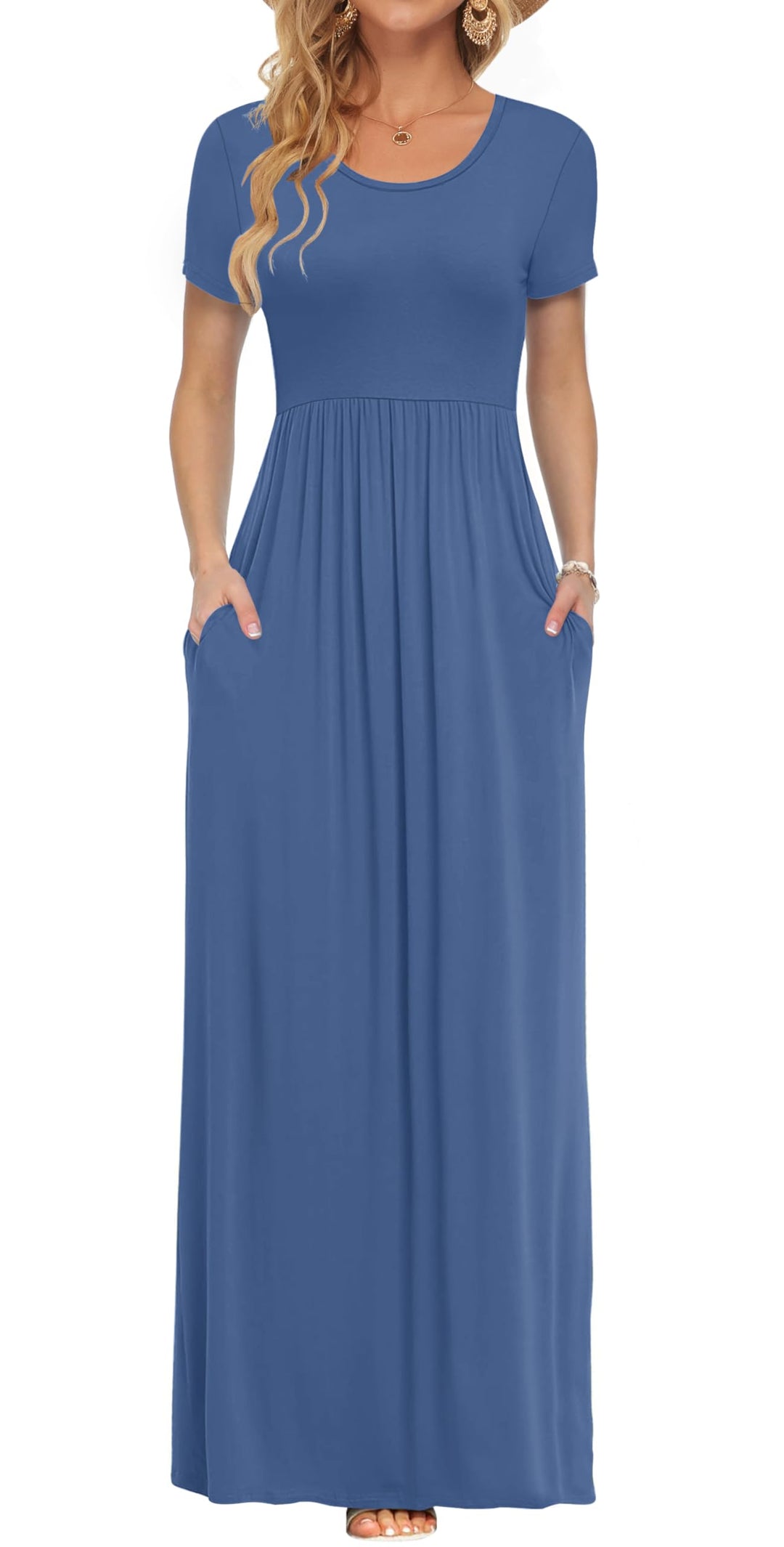 AUSELILY Damen Kurzarm Loose Casual Long Maxi Kleider mit Taschen Beja Blue S, Beja Blue S