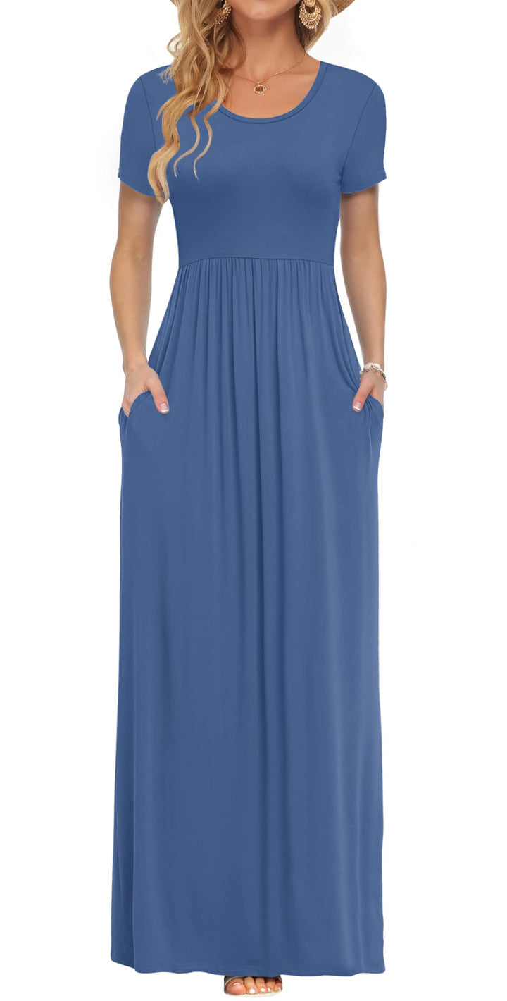 AUSELILY Damen Kurzarm Loose Casual Long Maxi Kleider mit Taschen Beja Blue S, Beja Blue S
